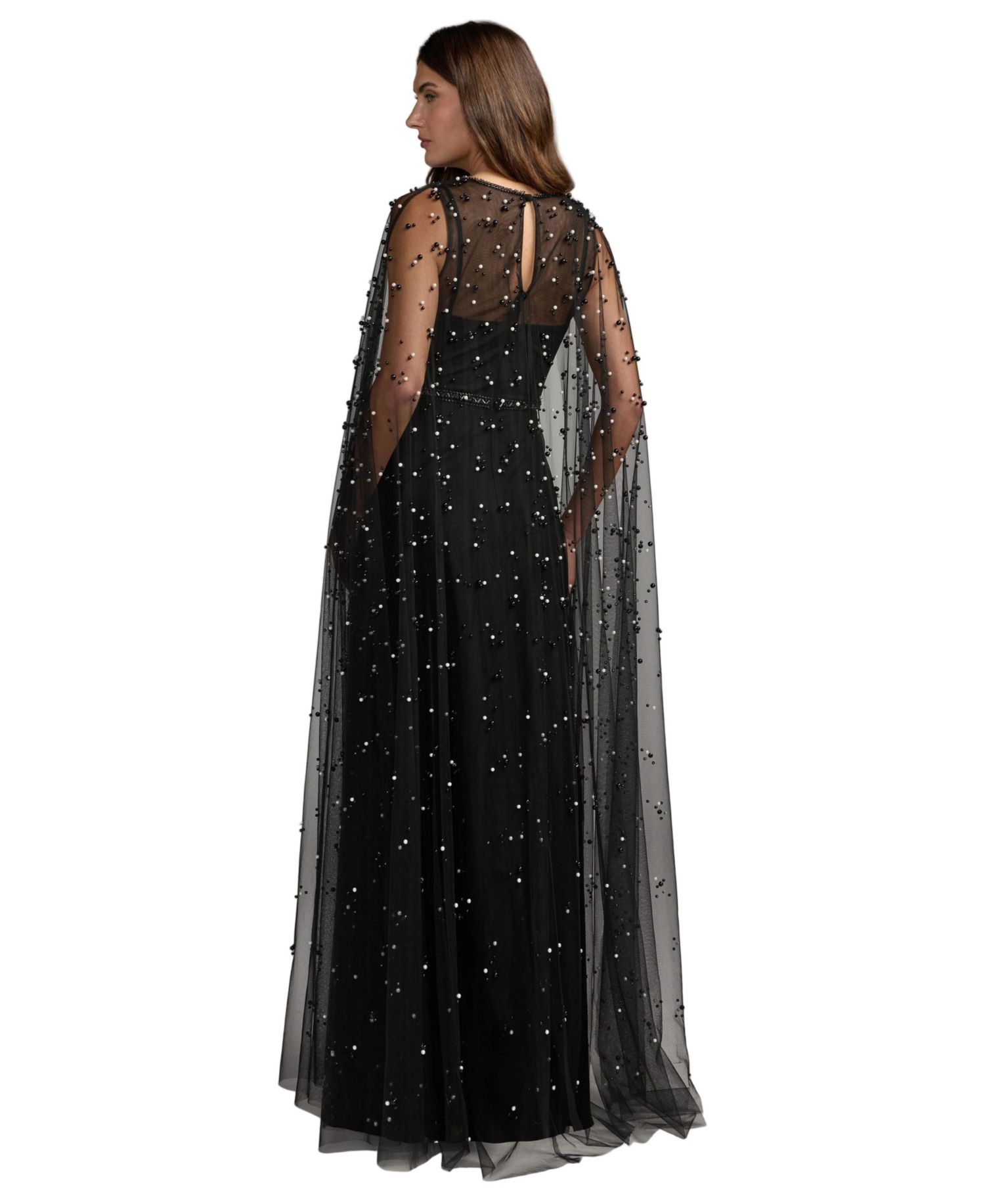 Petite Pearl Embellished Cape A-Line Gown