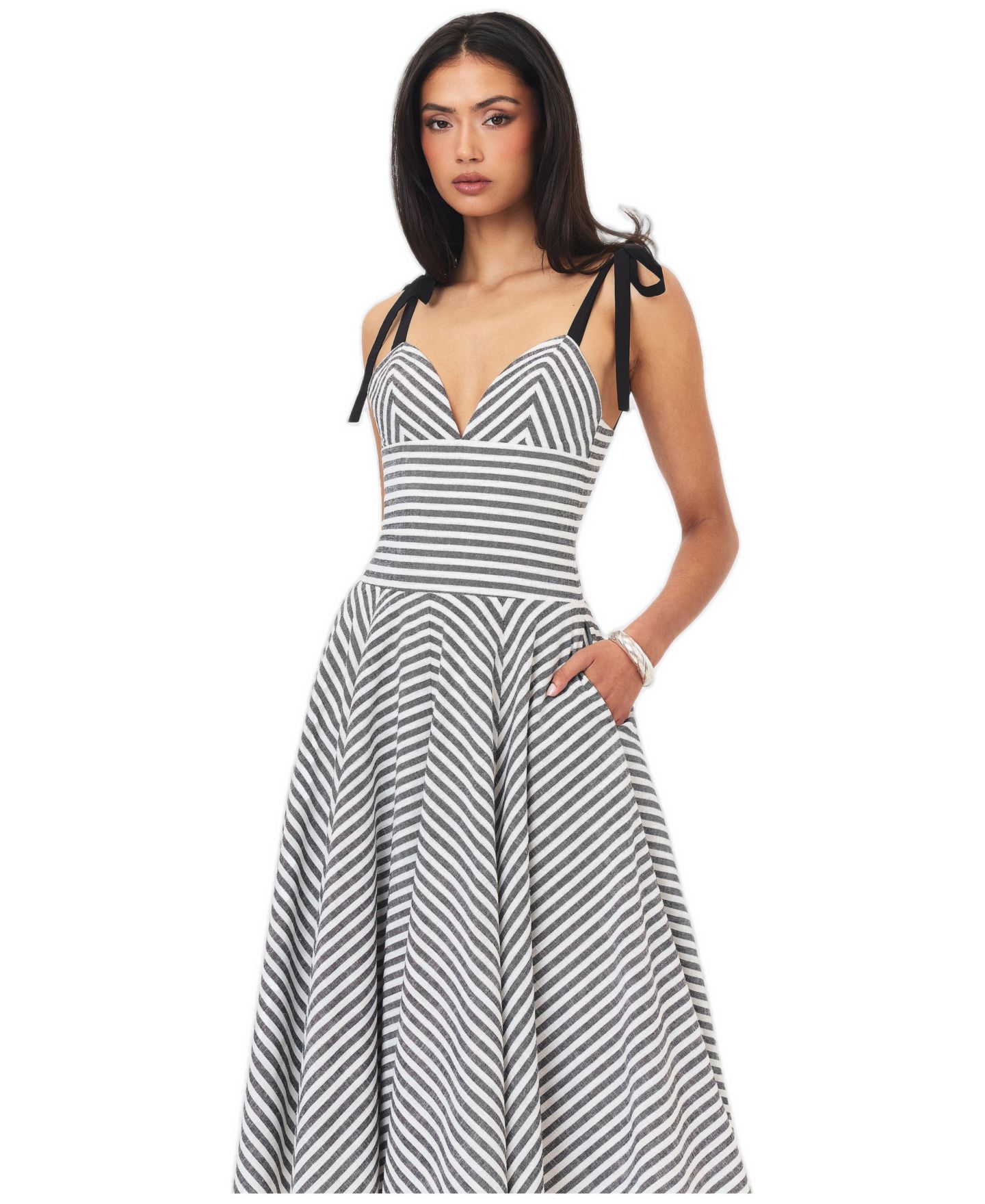 Женское платье Miss Circle Riley Striped A-Line V-Neck Cotton-Linen Blend Midi, цвет: Серый — фото 2