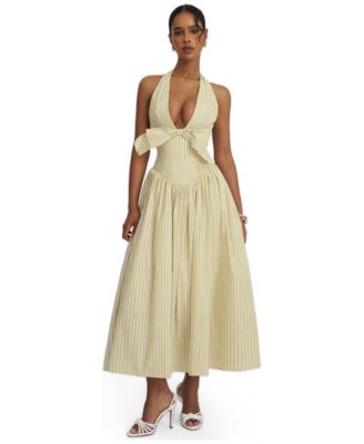 Women's Talise Lemon Yellow Cotton Poplin Stripe Plunging Halter Maxi Dress