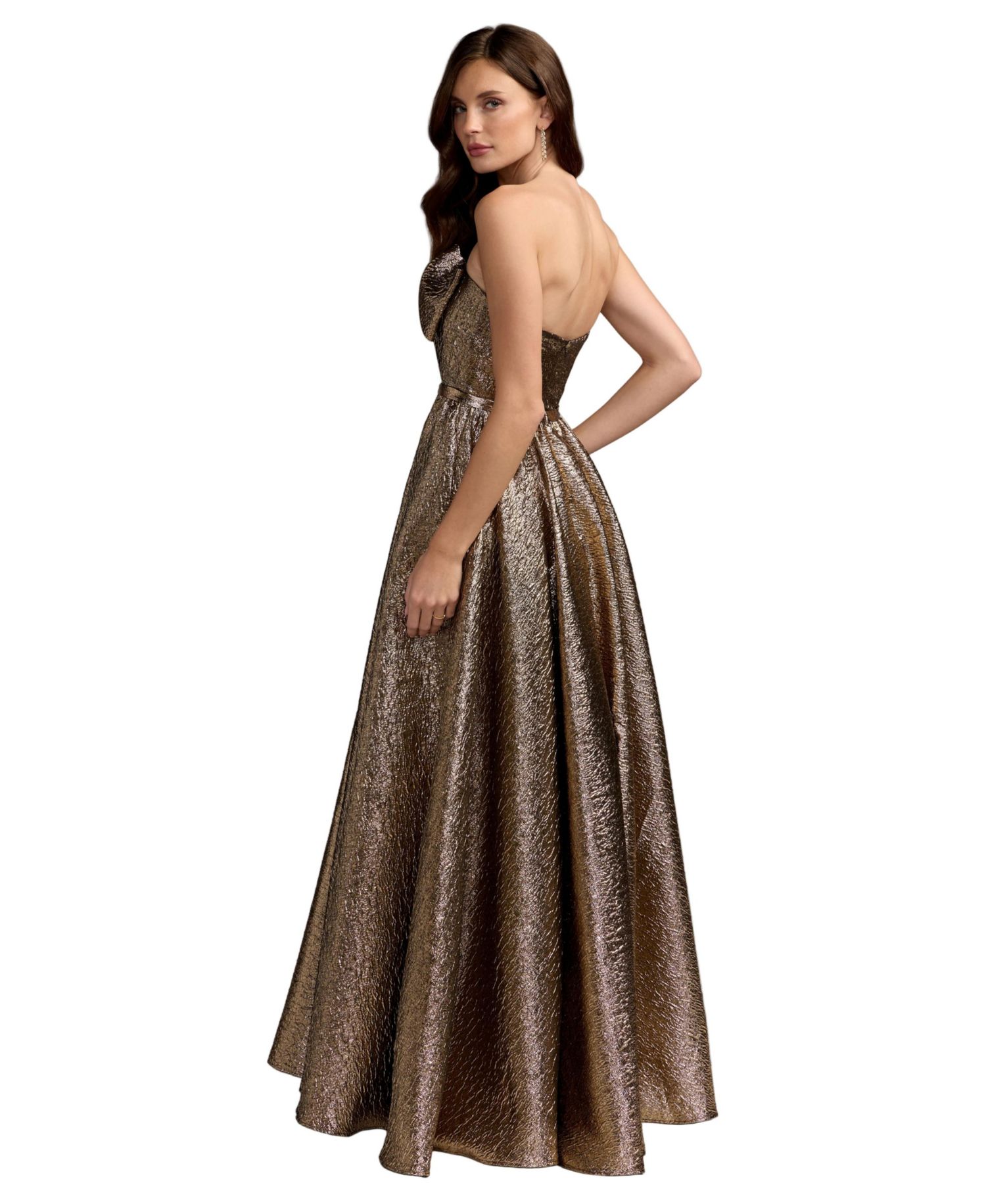 Petite Strapless Bow Metallic Ball Gown