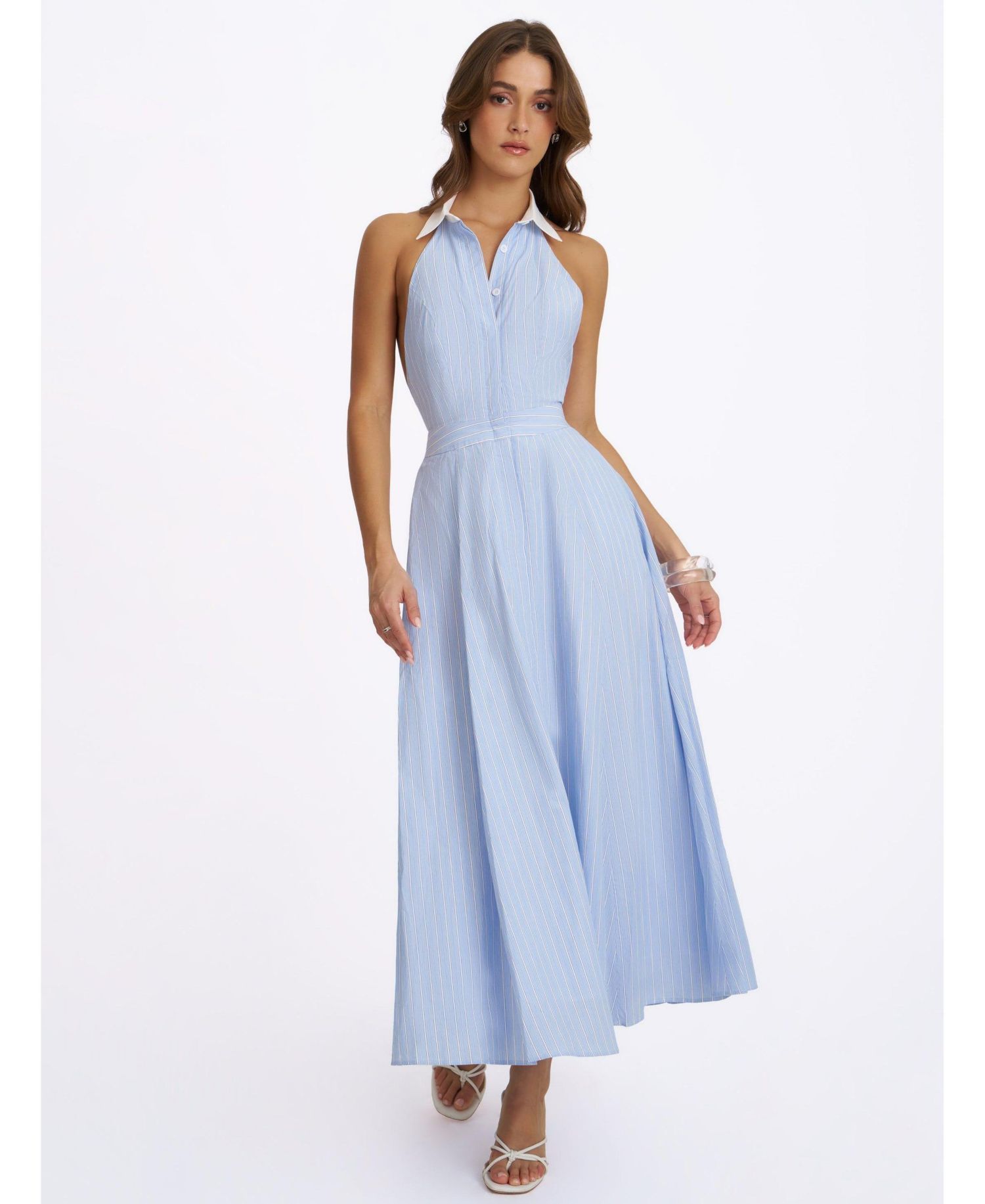 Women Winslet Sky Blue Striped Cotton Poplin Halter Maxi Dress
