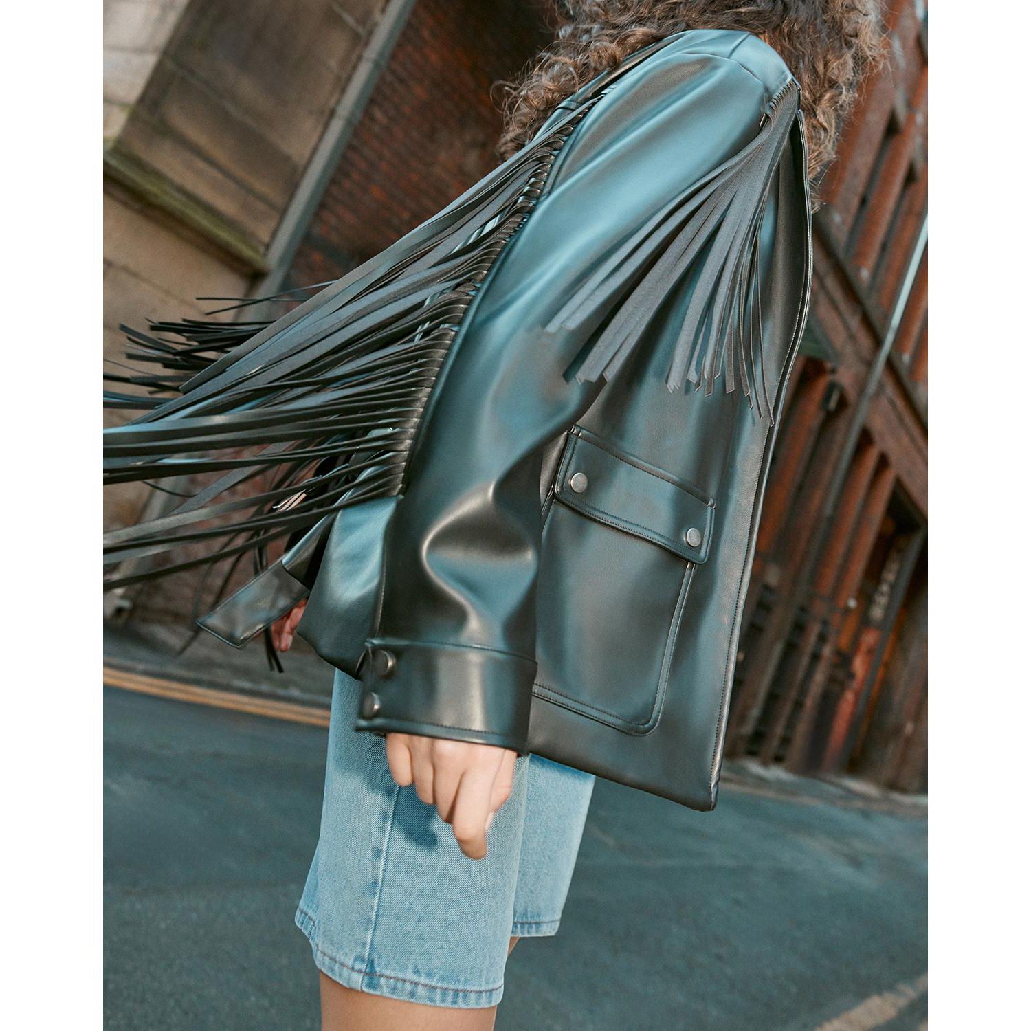 Women's Fringe Faux Leather Belted Jacket