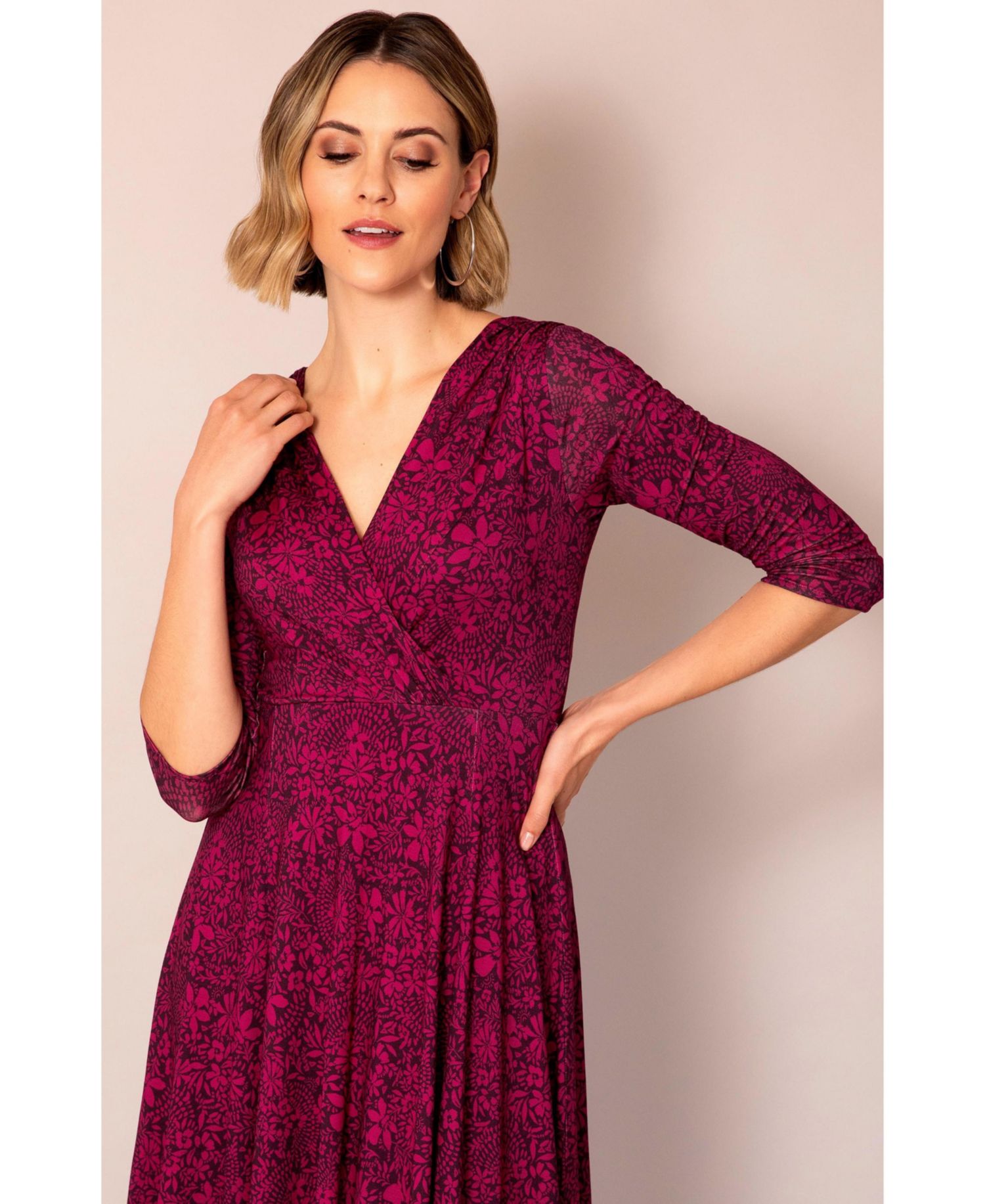 Women's Annie V-Neck 3/4-Sleeve Flare Midi Dress