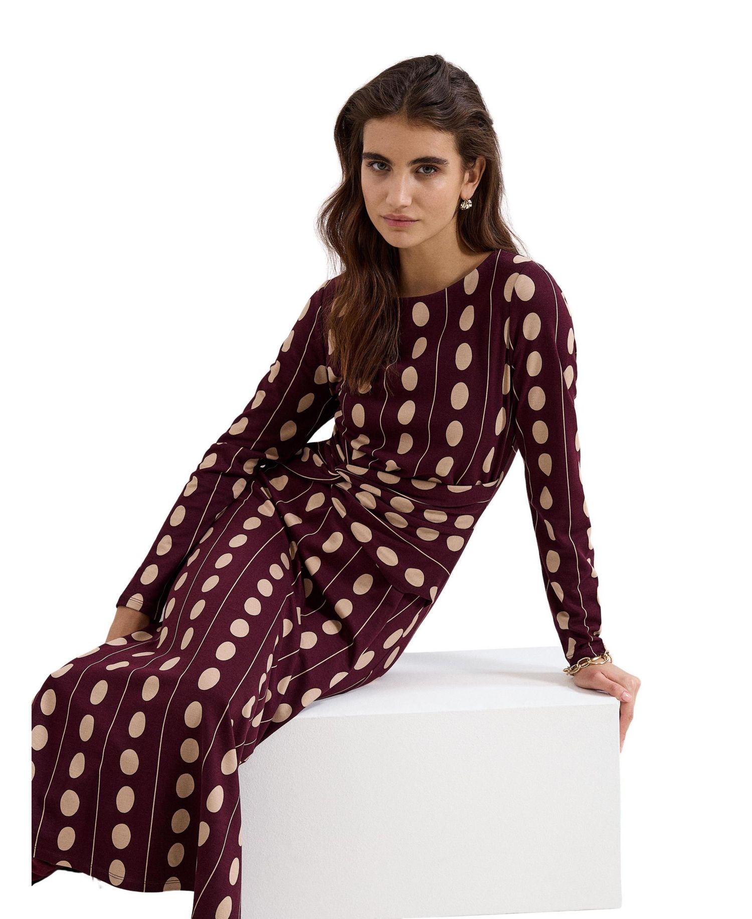Women's Eugenie Long-Sleeve Polka-Dot Knotted-Waist Midi Dress