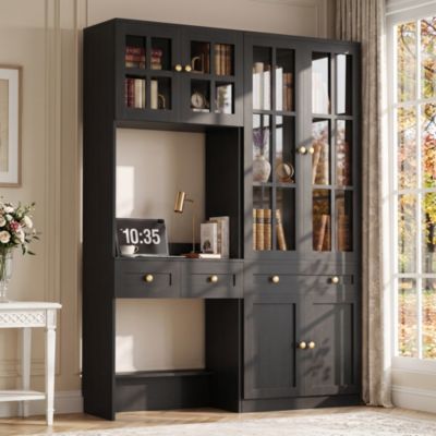 Farmhouse Cabinet with Glass Hutch and Writing Desk for Living Room