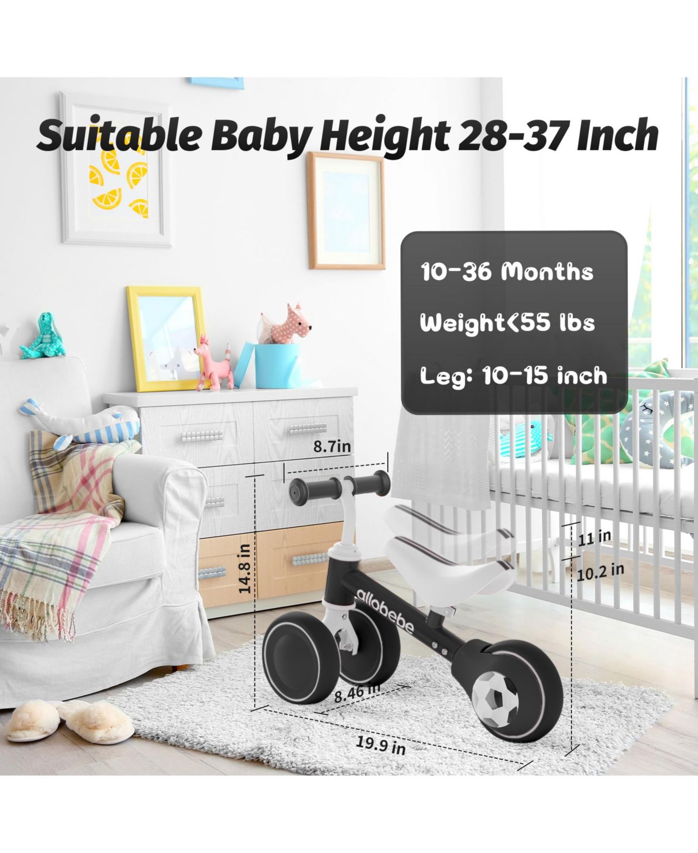 Детская игрушка Allobebe Baby Balance Bike 3-Wheel with Adjustable Seat and Silent Wheels Ride-On, Ages 1-3, цвет: Чёрный — фото 5