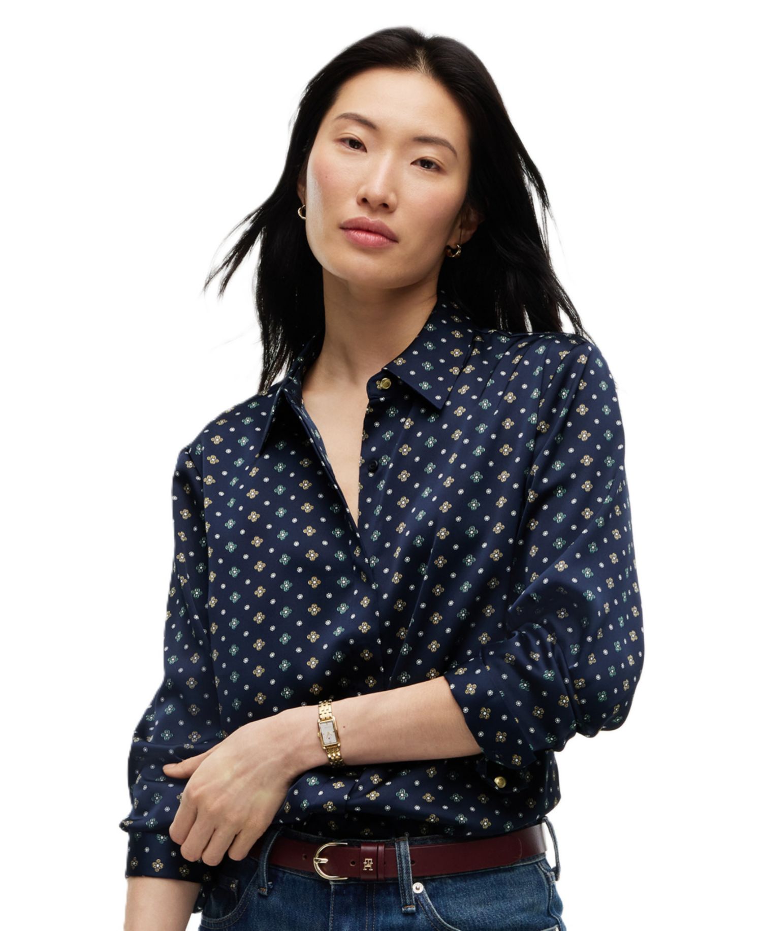 Women's Fluid Floral-Print Long-Sleeve Blouse