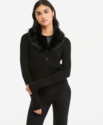 Women's Faux-Fur Collar Ribbed-Knit V-Neck Cardigan
