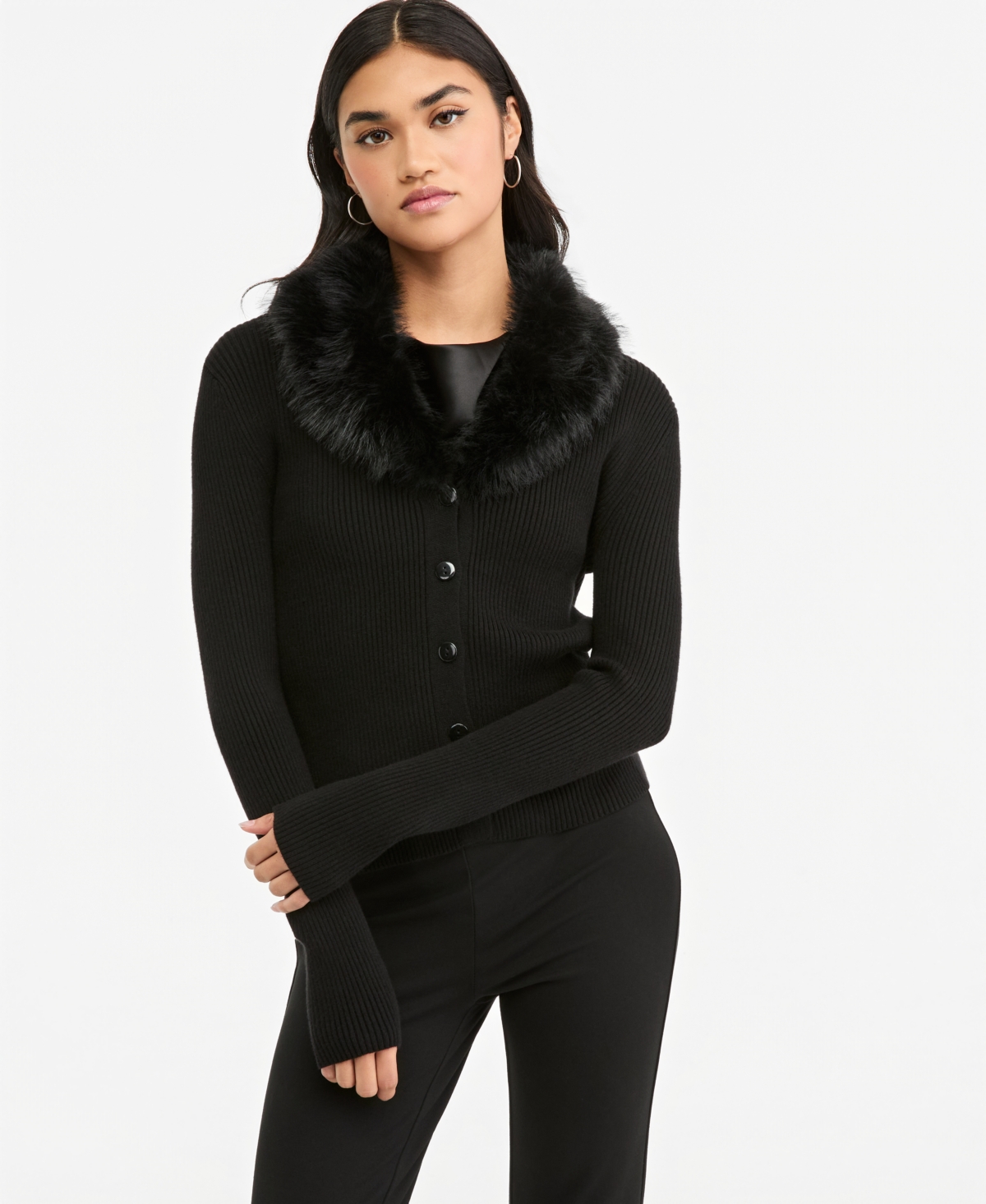 Bar Iii Women's Faux-Fur Collar Ribbed-Knit V-Neck Cardigan, Macy's Exclusive - Black