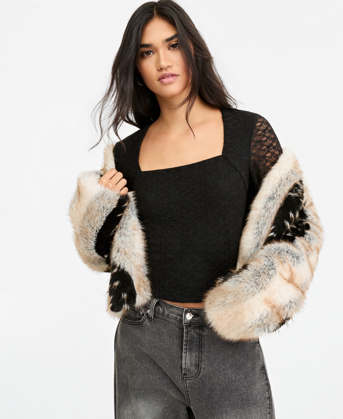 Женская блузка Bar III Lace Long-Sleeve Square-Neck, цвет: Чёрный — фото 2