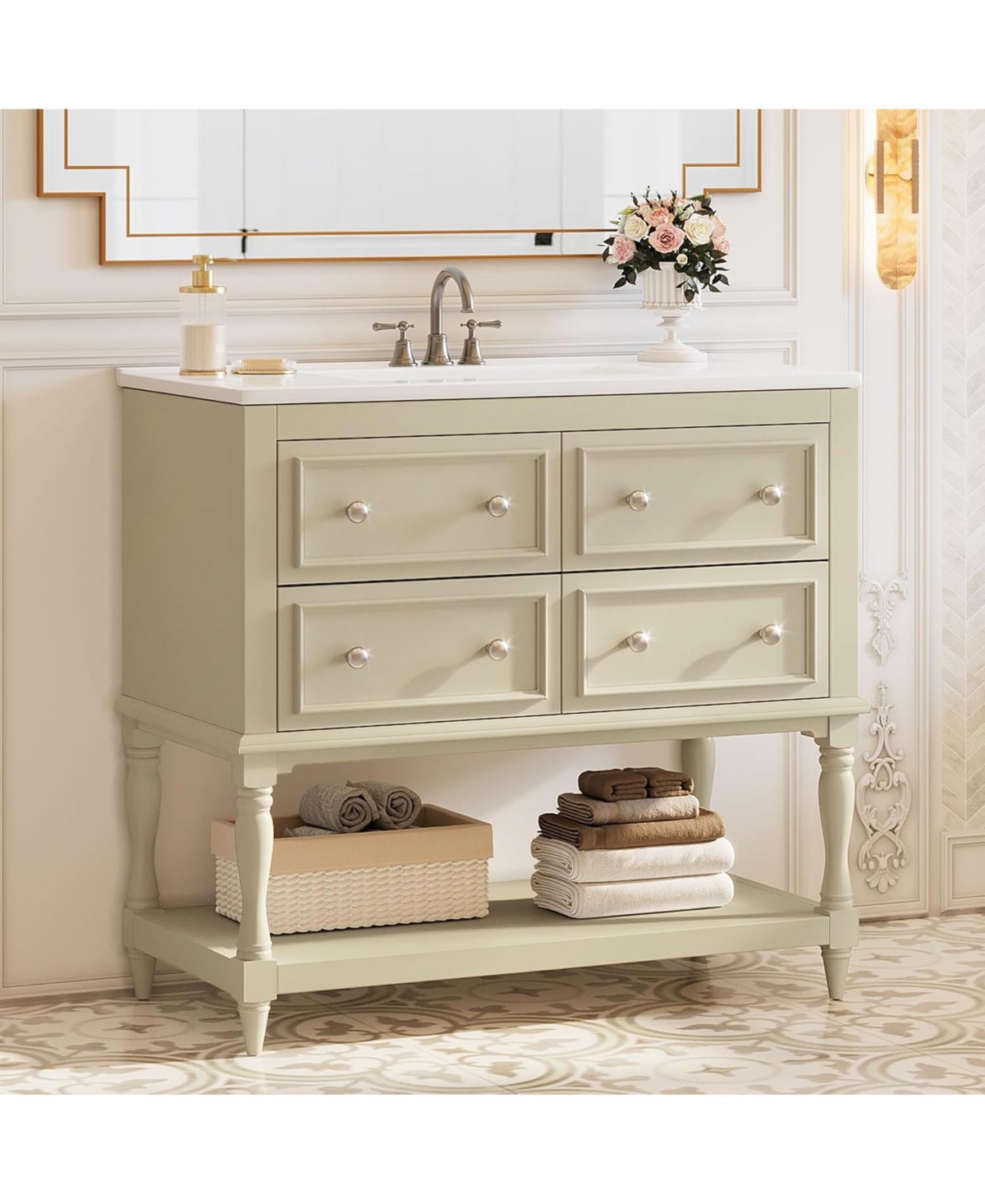 Tribesigns 36" Bathroom Vanity with Ceramic Sink, 4 Drawers - Beige