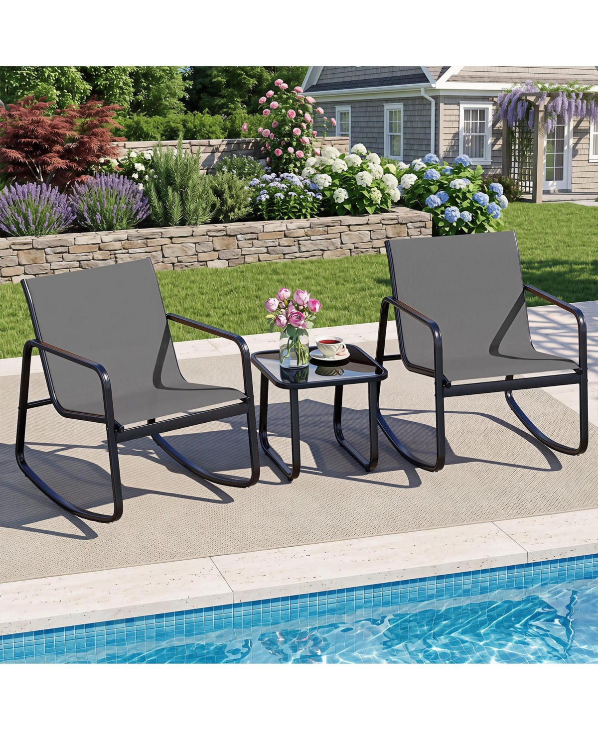 Gymax 3 Piece Patio Rocking Set 2 Rocking Bistro Chairs and Glass-Top Table for Porch