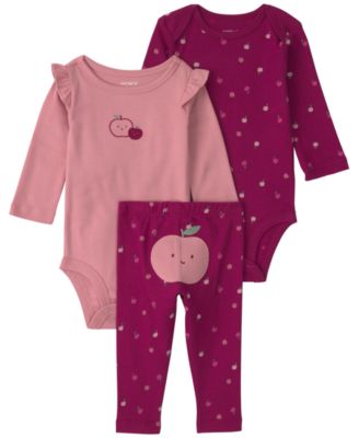 Baby Girls' Apple Long-Sleeve Bodysuits and Pants, 3-Piece Set 