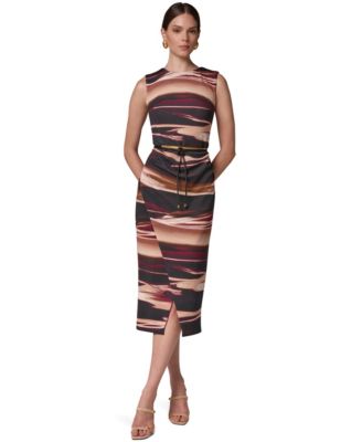 Women's Sleeveless Printed Midi Sheath Dress with Belt