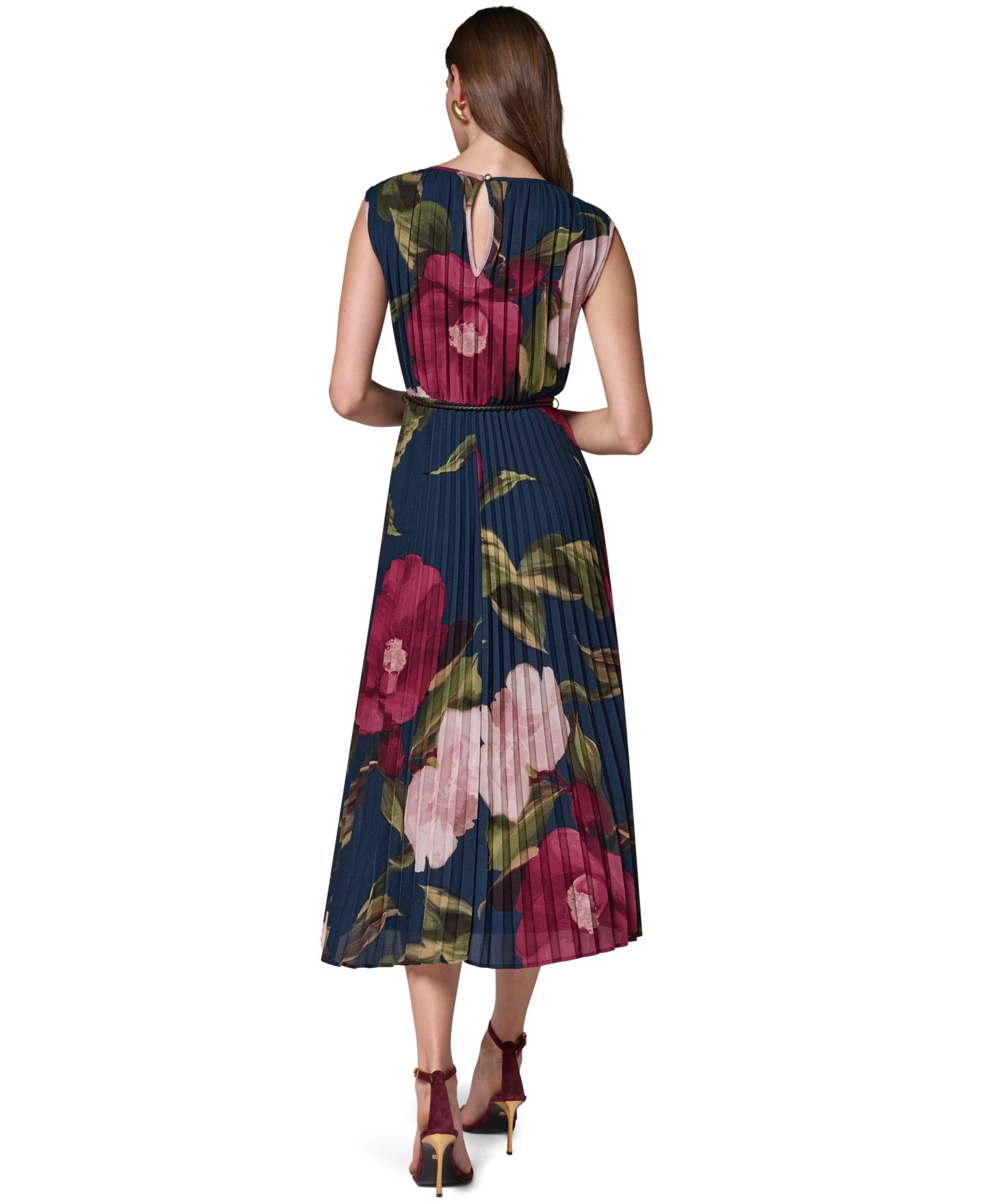 Женское платье Donna Karan New York Cap Sleeve Floral Chiffon A-Line Midi, цвет: Тёмно-синий / Чёрный вишнёвый — фото 4