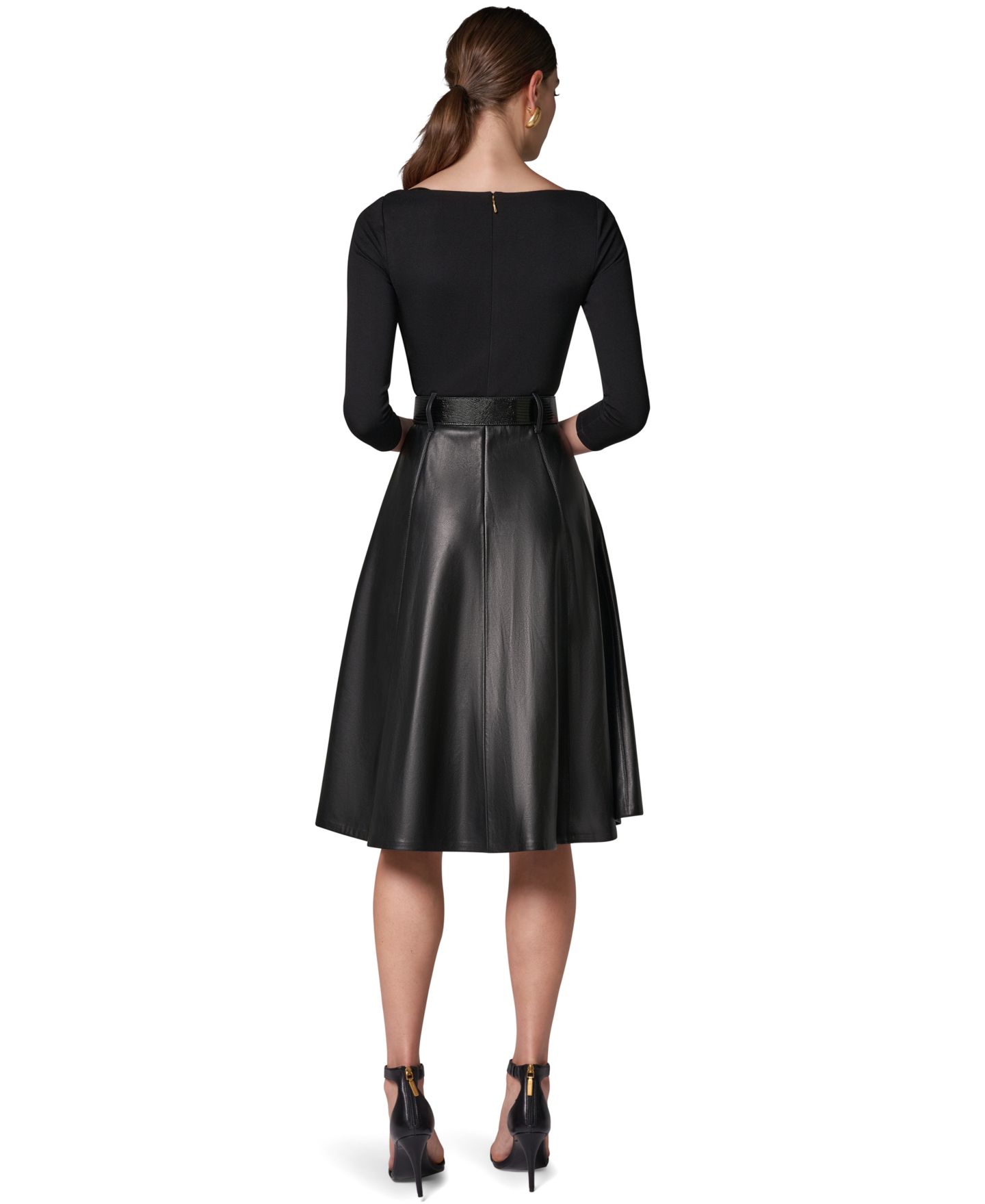 Женское платье Donna Karan New York Boat Neck Mixed Media Belted Fit & Flare, цвет: Чёрный — фото 4