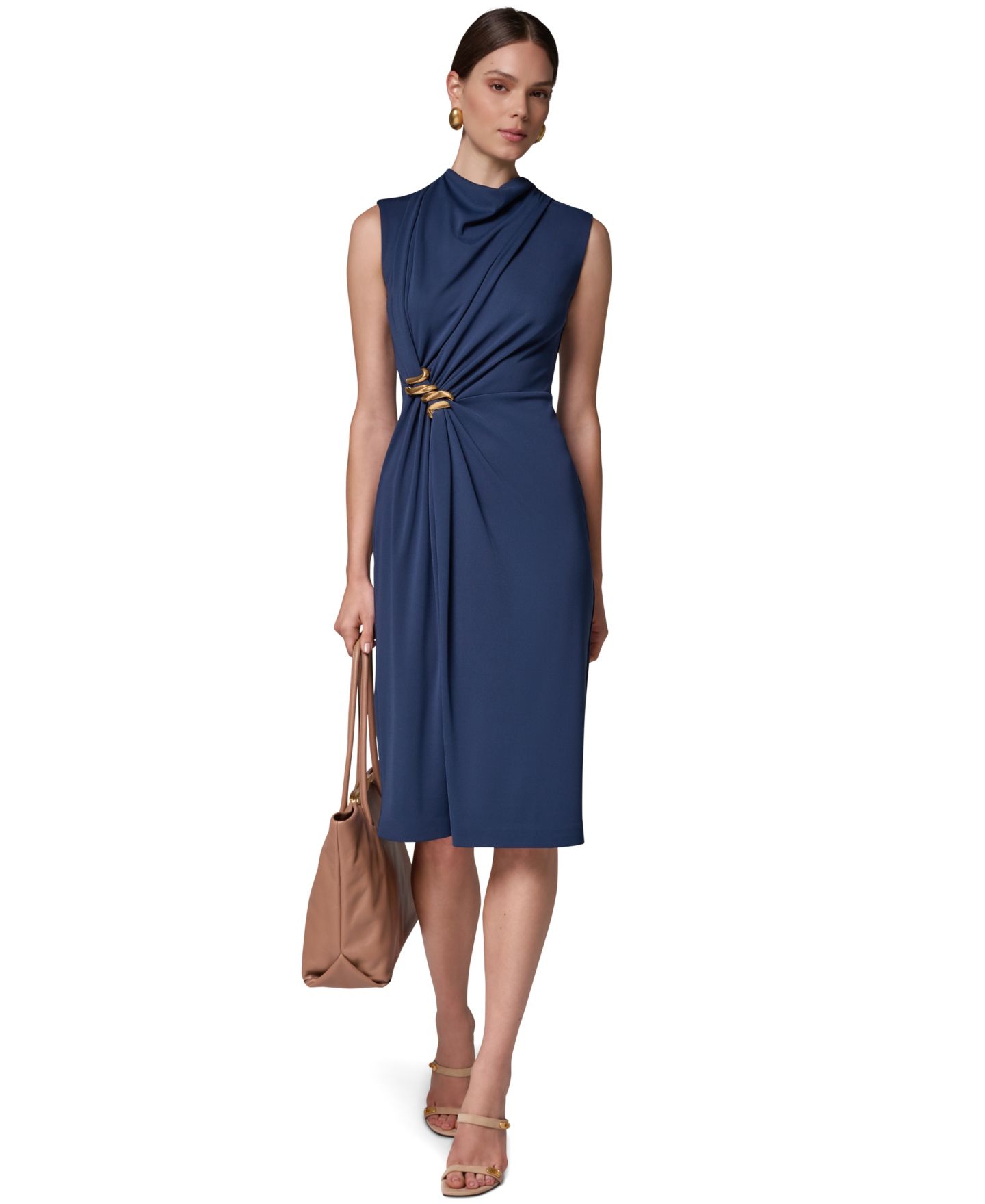 Женское платье Donna Karan New York Sleeveless Mock Neck Gathered Waist Midi, цвет: Ночной небесно-голубой — фото 7