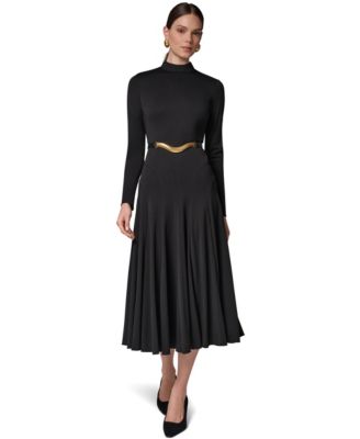 Women's Long Sleeve Mock Neck Pleated Maxi Dress with Belt