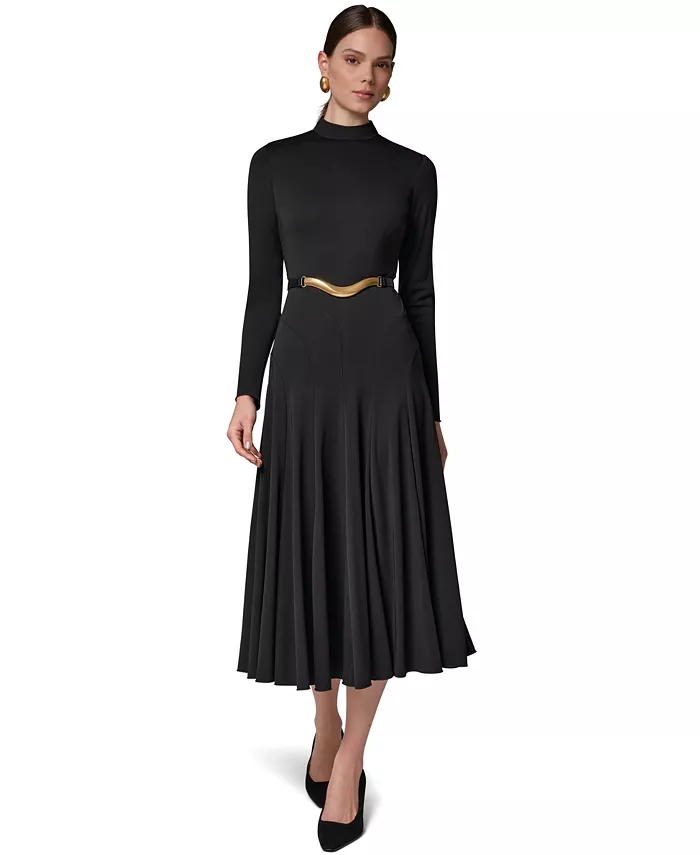 Women's Long Sleeve Mock Neck Pleated Maxi Dress with Belt