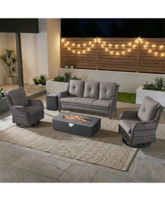 5 Pieces Outdoor Patio Furniture Set with Fire Pit Table Kits, Rattan Wicker Sectional Swivel Rocker Chairs Sets