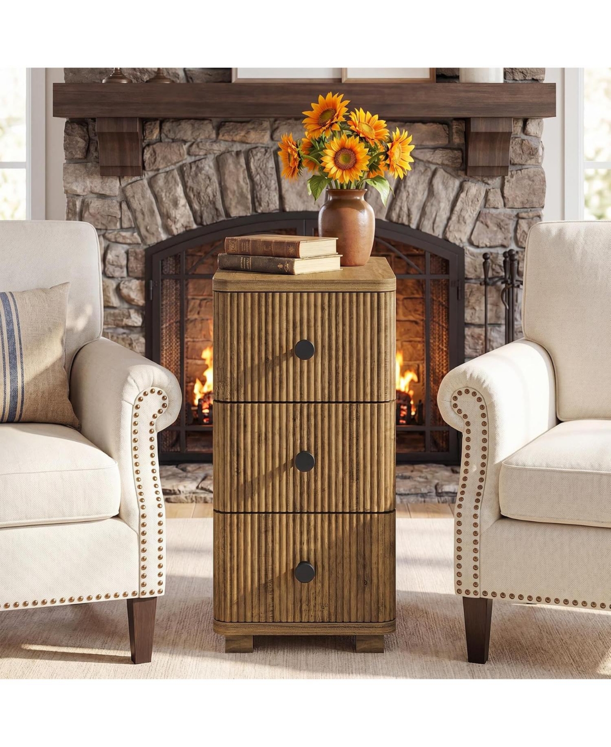 Tribesigns Nightstand with 3 Drawers, Farmhouse Fluted Narrow