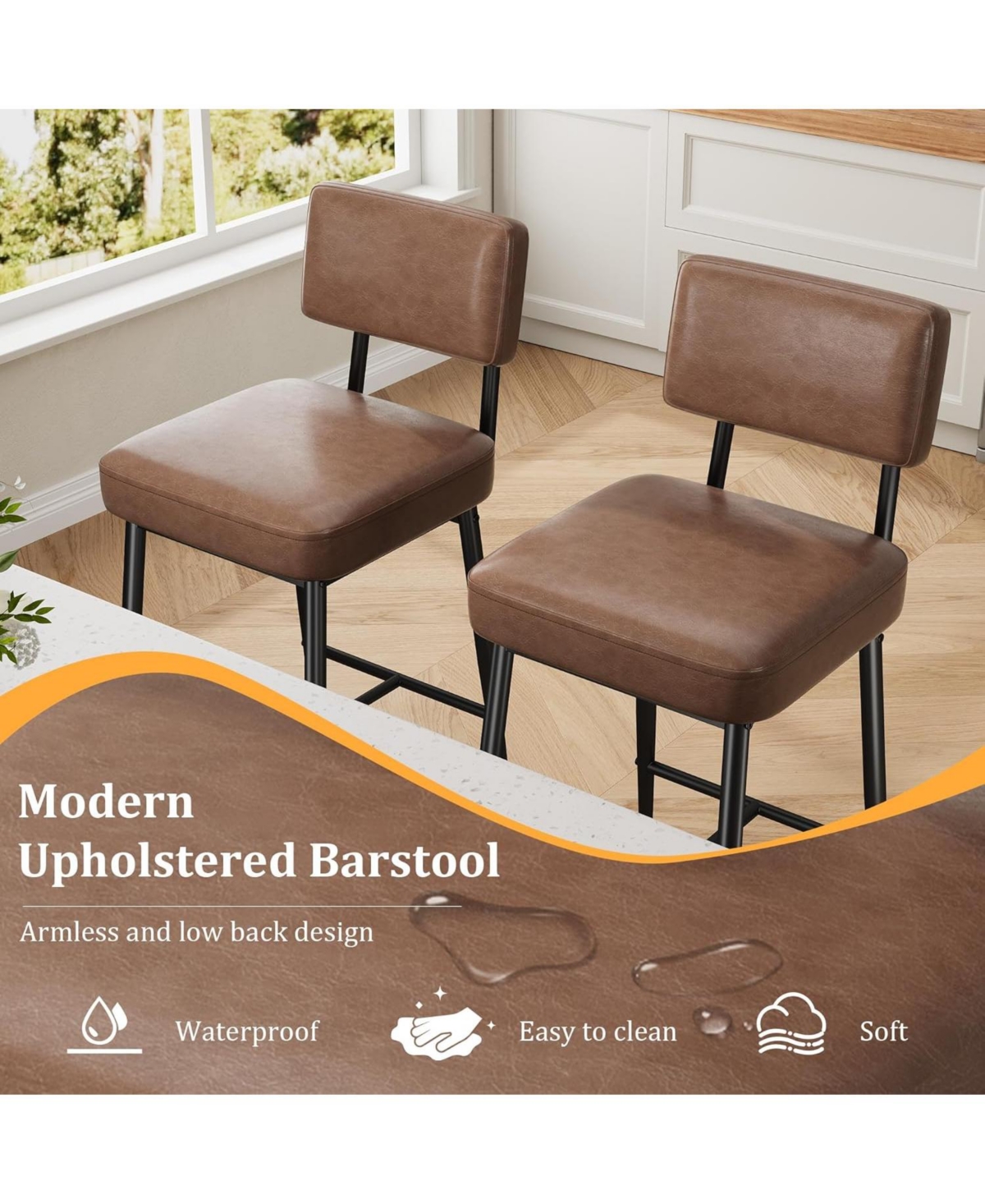gaomon Set of 2 Counter Height Bar Stools, 26 Inch Faux Leather with Backrest for Kitchen Island Dining