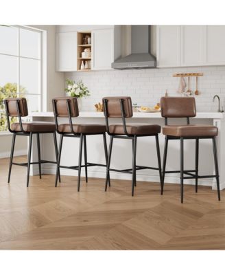 Set of 4 26 Inch Faux Leather Counter Height Barstools with Backs and Metal Legs for Kitchen Island and Home Bar