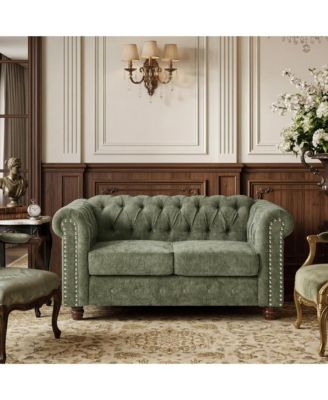 Chenille Loveseat Sofa, 2-Seater Chesterfield Couch with Rolled Arms Button Tufted Back Nailhead Trim for Living Room