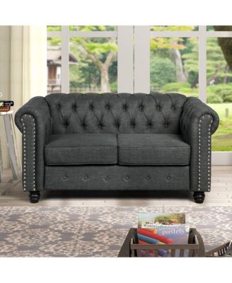 Linen Chesterfield 2 Seater Couch Loveseat for Living Room Rolled Arm Sofa with Button Tufted and Nailhead Trim