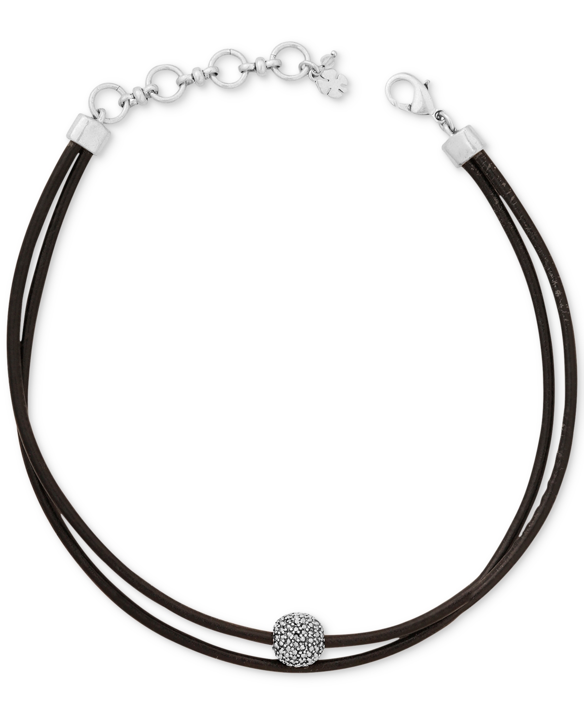 Silver-Tone Black Leather Crystal Choker Necklace - Silver