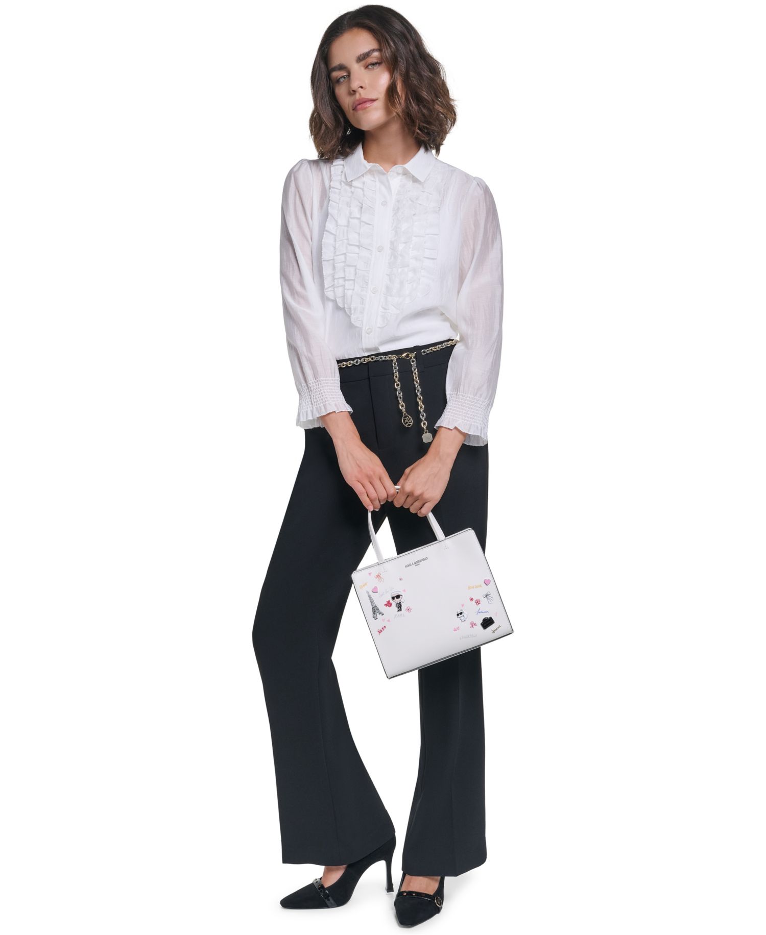 Women's Ruffle Button Woven Collar Neck Top