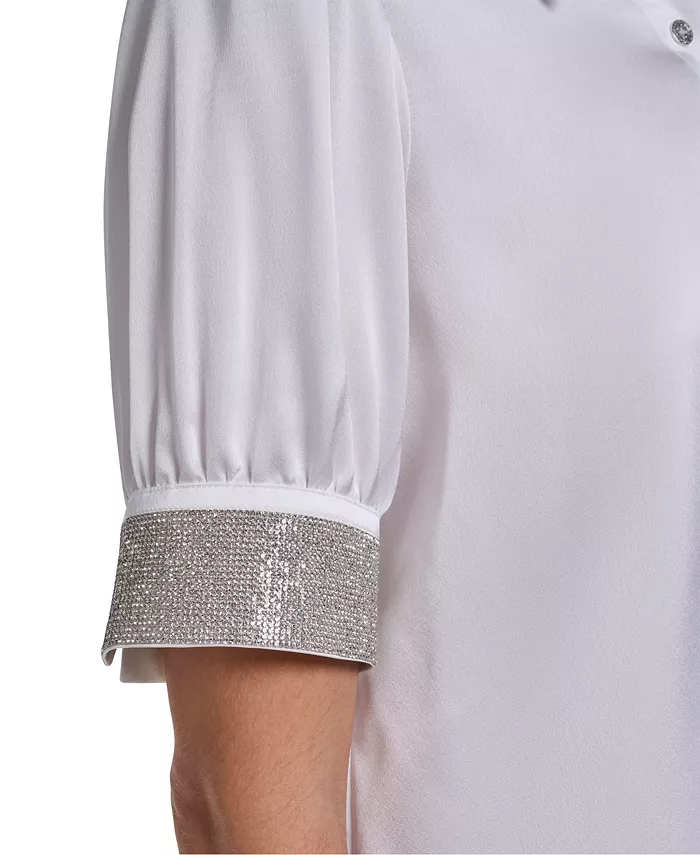 Women's Satin Rhinestone-Cuff Button-Front Top - thumbnail 4