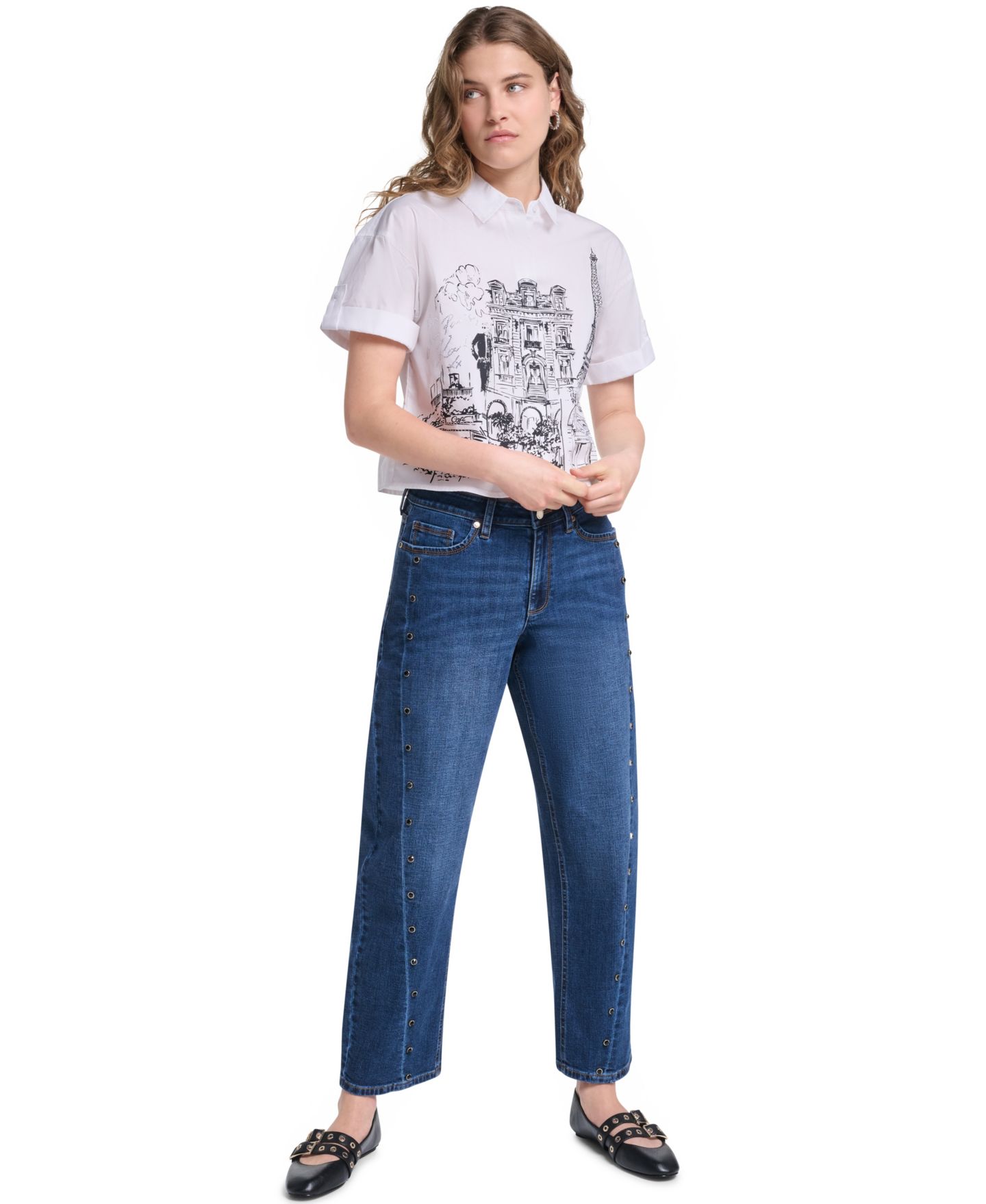 Женский топ KARL LAGERFELD PARIS Cotton Crop Paris Scene Button-Front, цвет: Белый — фото 2
