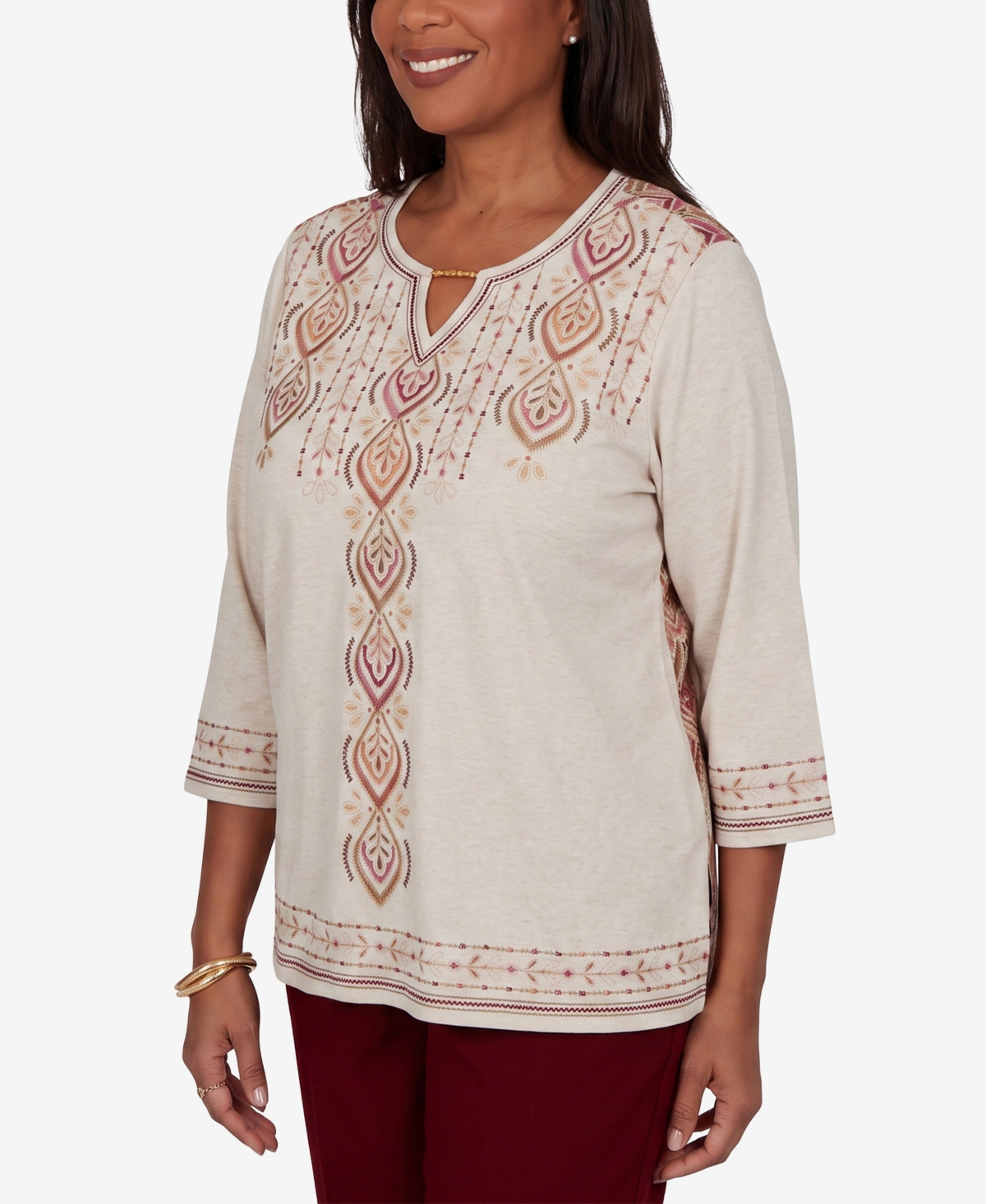 Alfred Dunner Petite Keyhole Neck 3/4-Sleeve Blouse