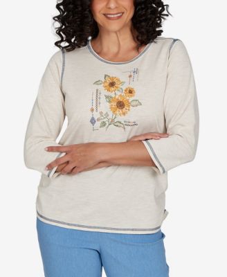 Petite Sunflower-Embroidery Crewneck 3/4-Sleeve Cotton-Blend T-Shirt