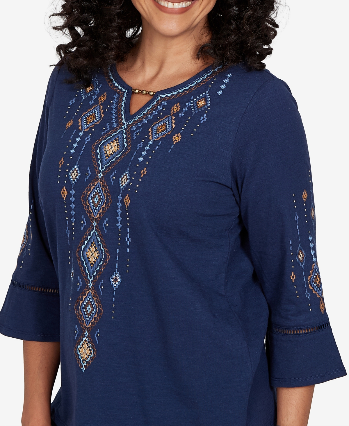 Alfred Dunner Petite Keyhole 3/4-Sleeve Embroidered Top