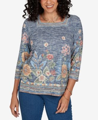 Petite Square Neck 3/4-Sleeve Floral-Print Knit Top