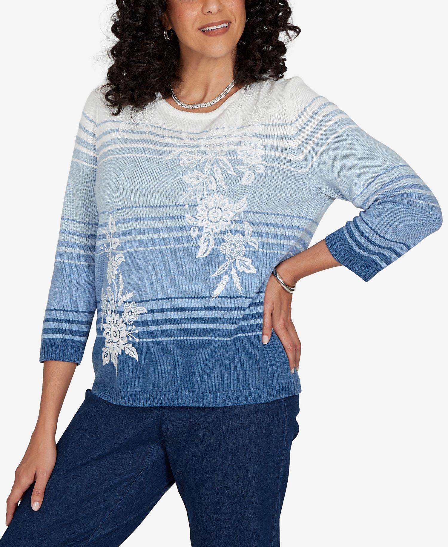 Petite Crewneck 3/4-Sleeve Stripe Sweater