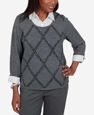 Petite Scoop Neck 3/4-Sleeve Embellished Pullover Sweater