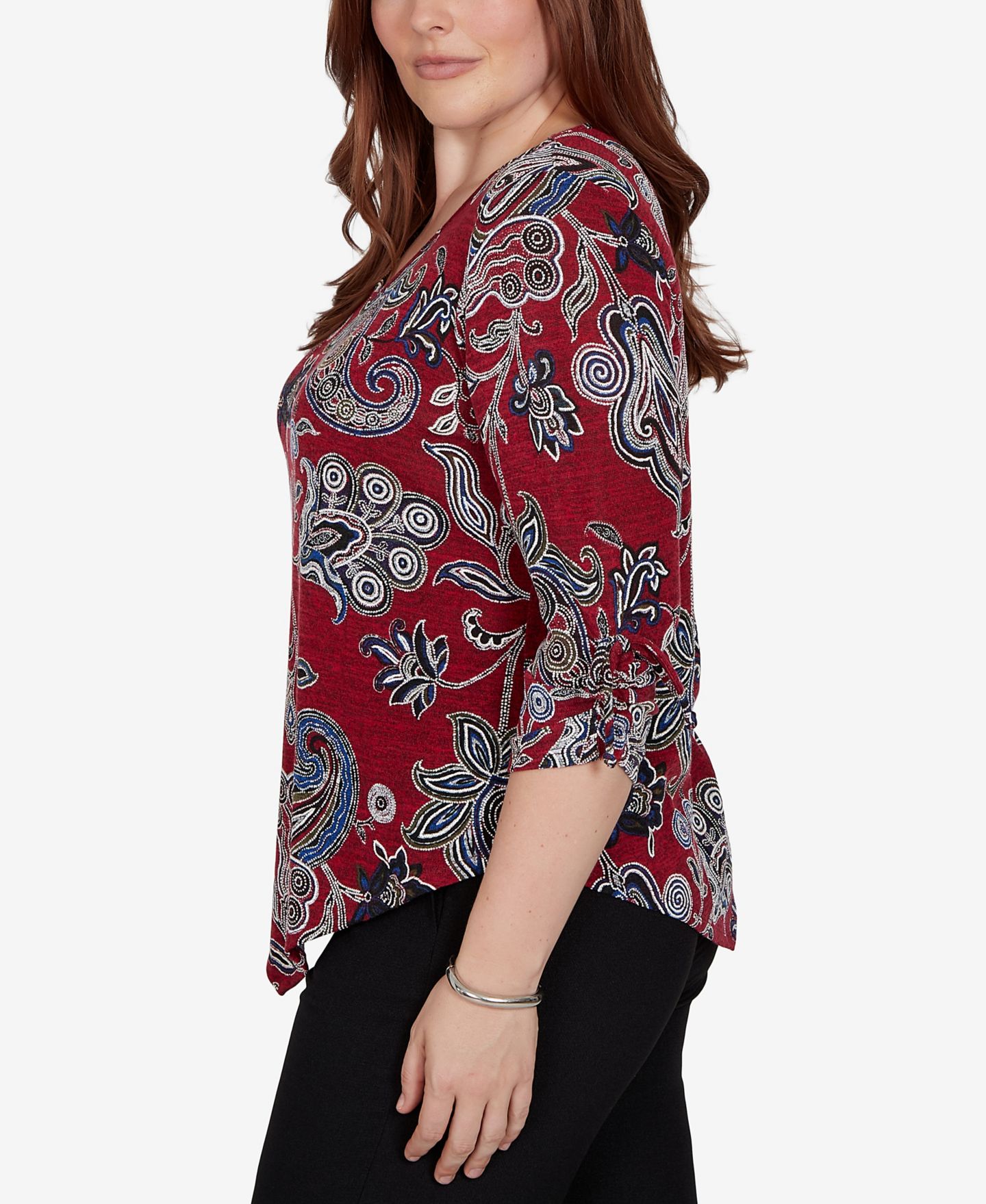 Женская блузка Alfred Dunner Petite V-Neck 3/4-Sleeve Paisley, цвет: Красный — фото 3