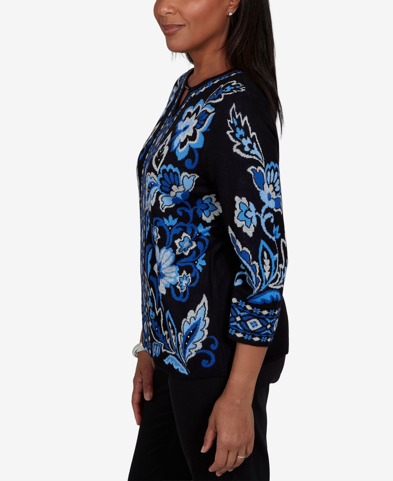 Petite 3/4-Sleeve Floral-Geometric Henley Pullover Sweater