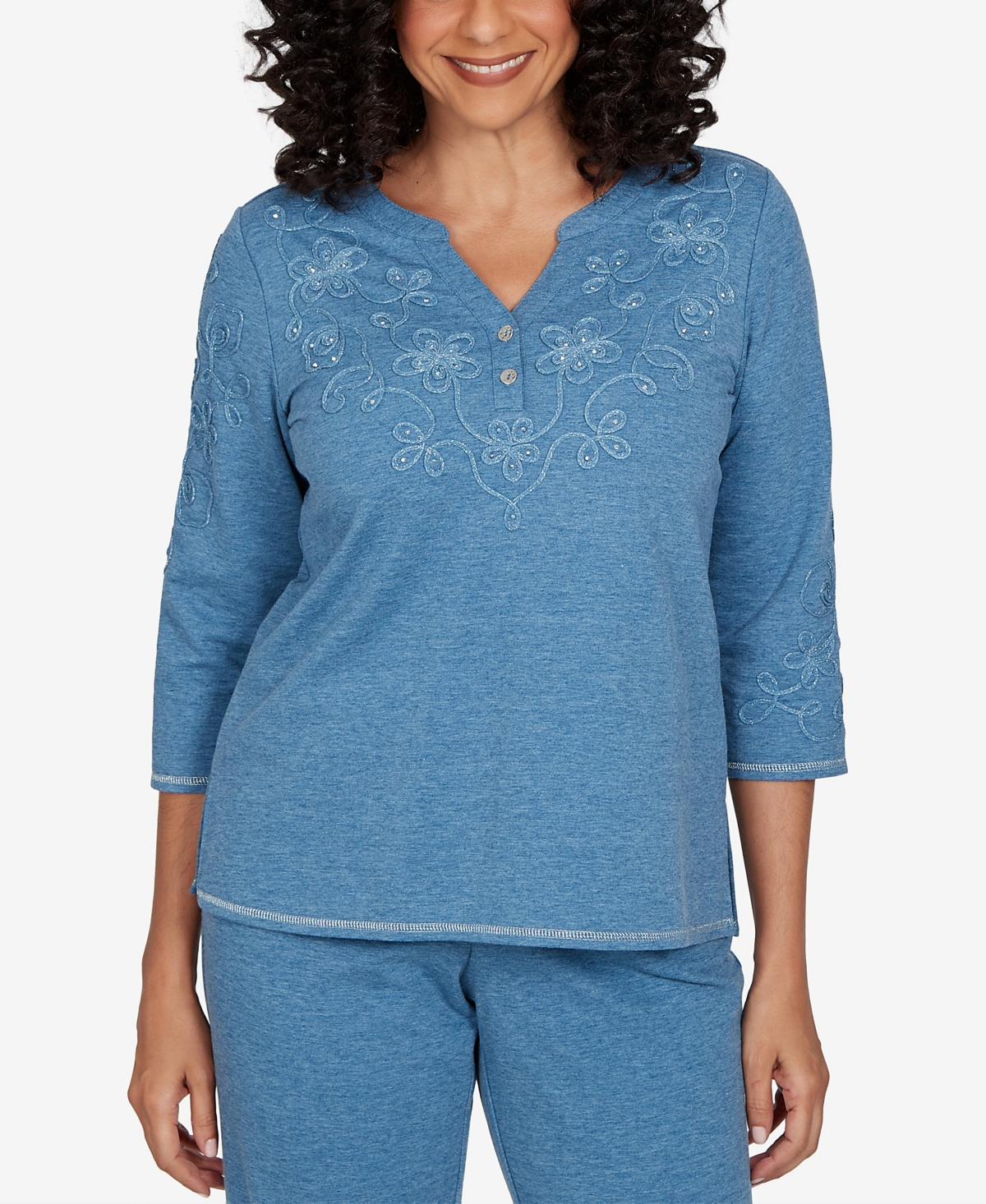 Alfred Dunner Petite 3/4-Sleeve Side-Slit Henley T-Shirt