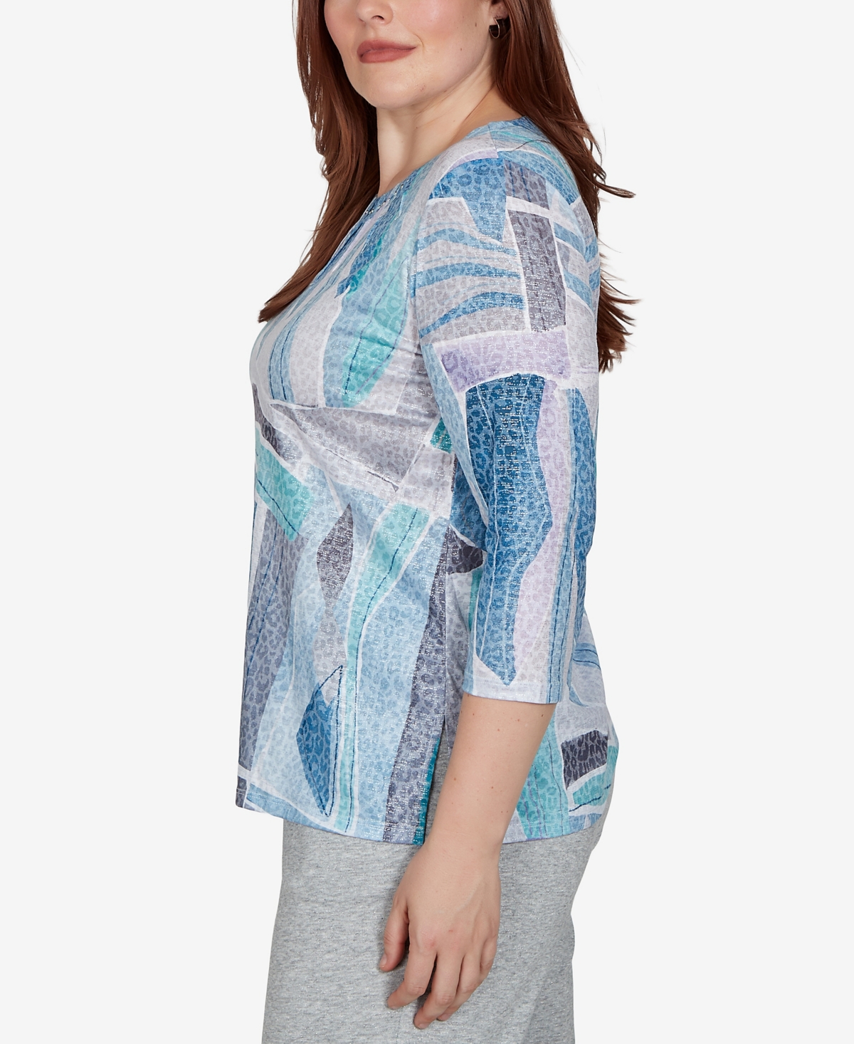 Alfred Dunner Women's 3/4-Sleeve Side-Slit Print T-Shirt