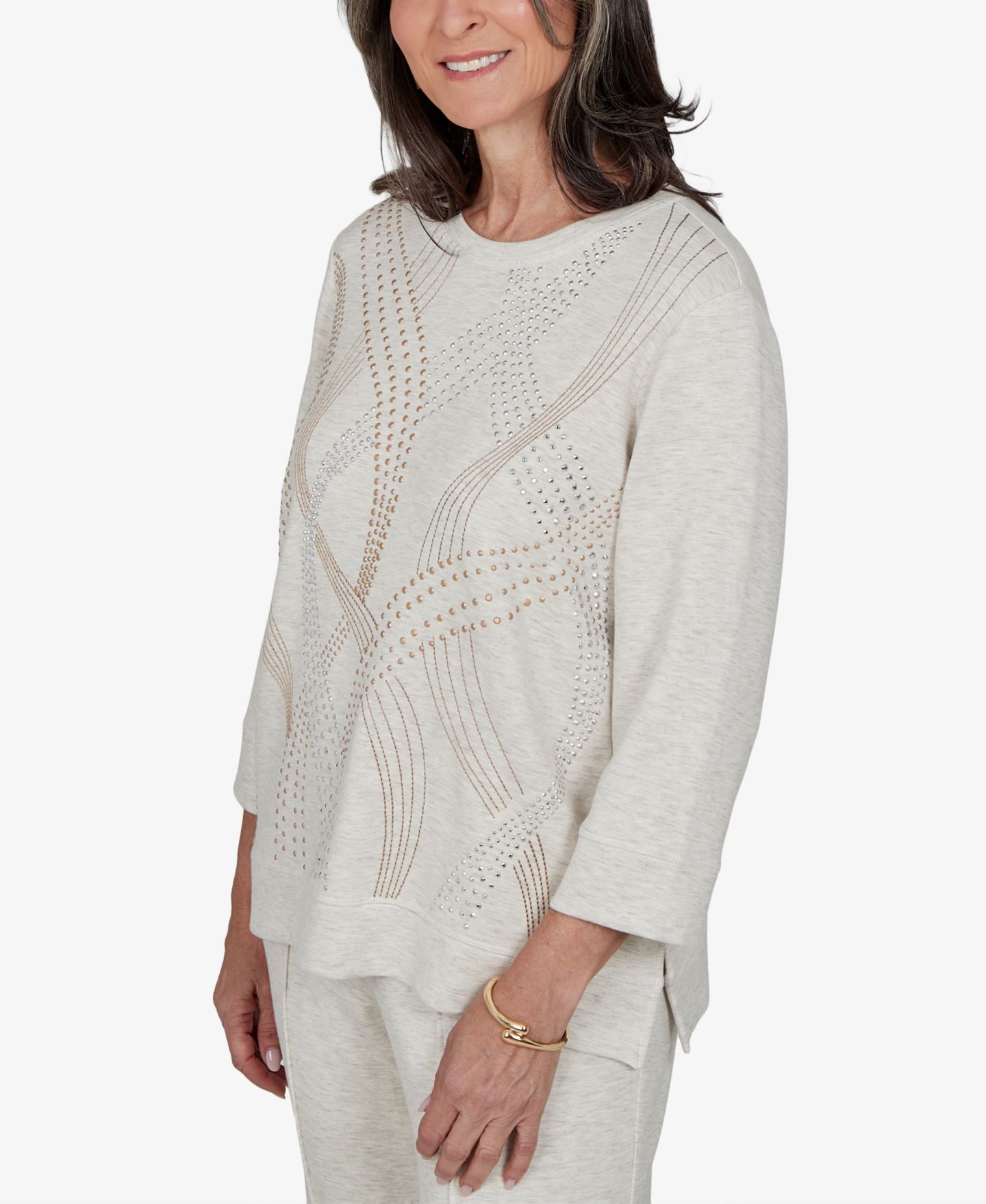 Женский топ Alfred Dunner Knit 3/4-Sleeve Embellished Crewneck, цвет: Овсяный — фото 2