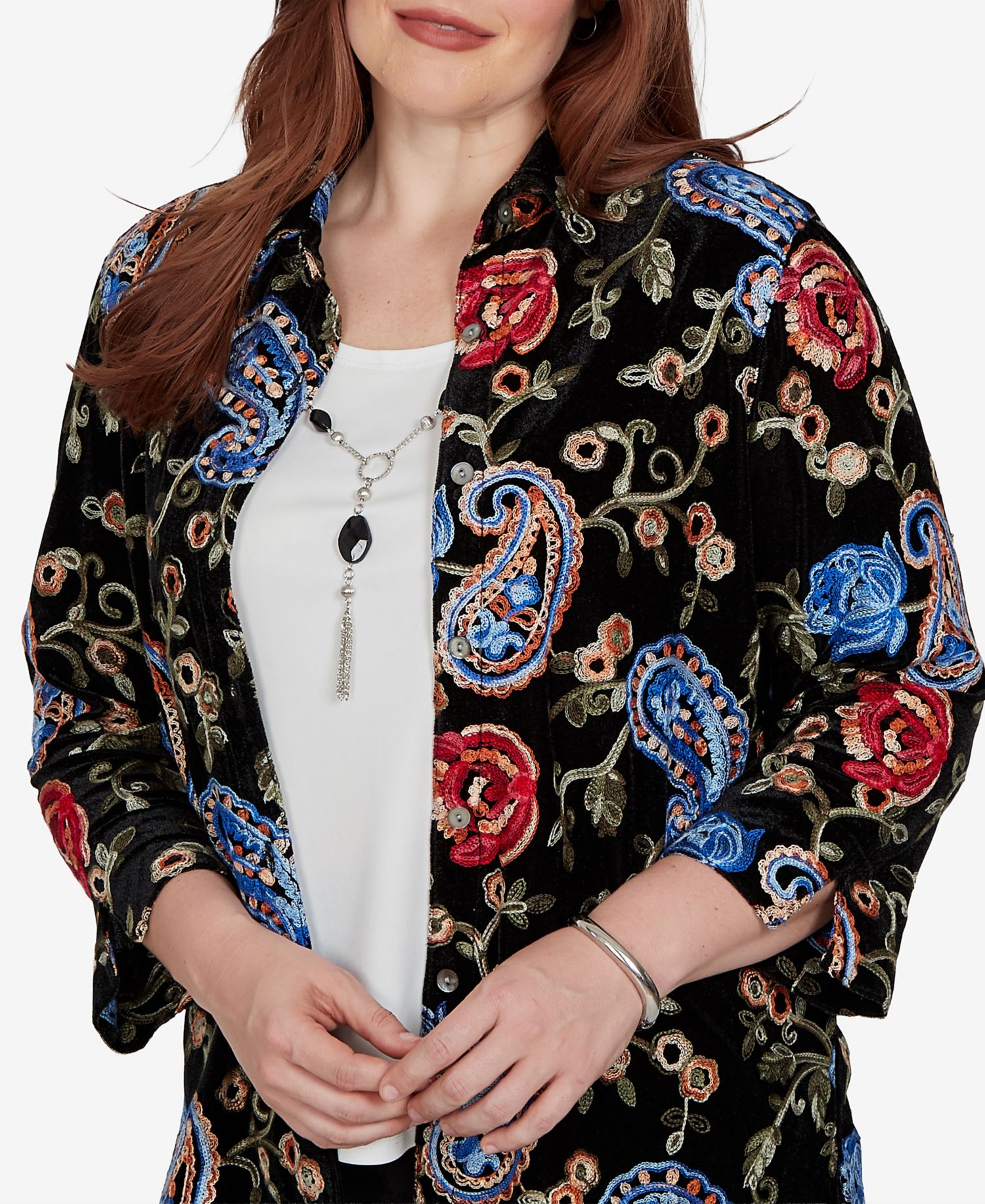 Women's Knit Floral-Print Velvet 3/4-Sleeve Blouse