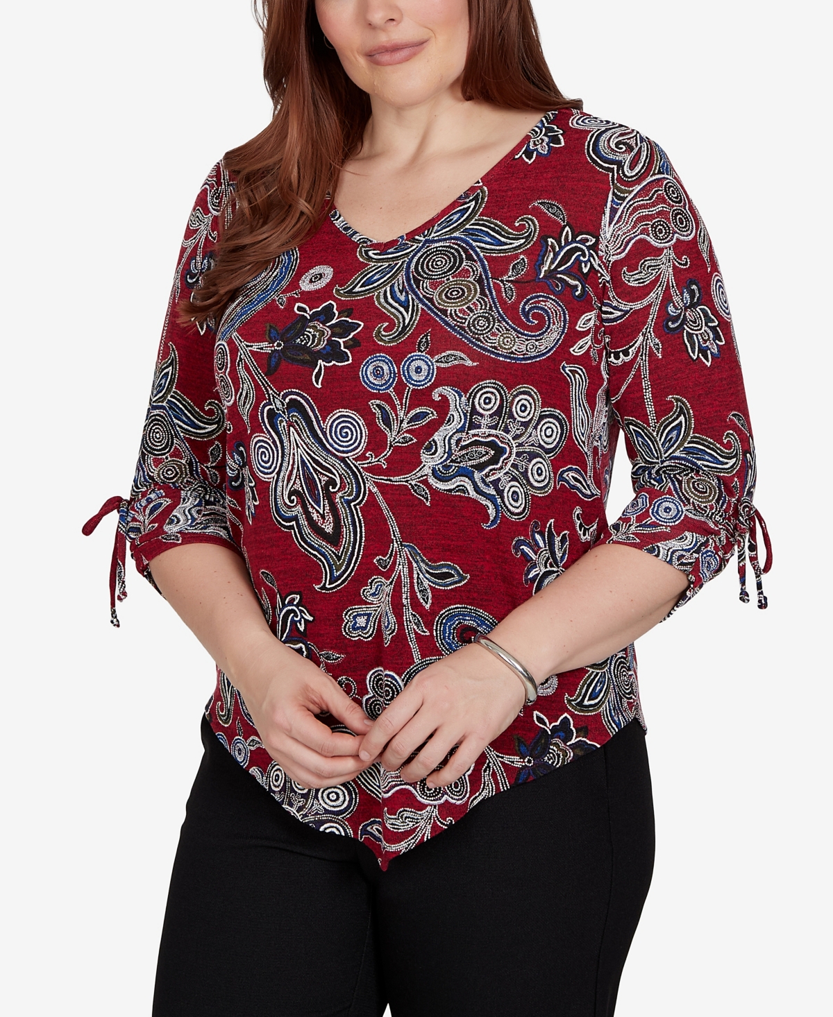 Alfred Dunner Women's Knit Paisley V-Neck 3/4-Sleeve Top