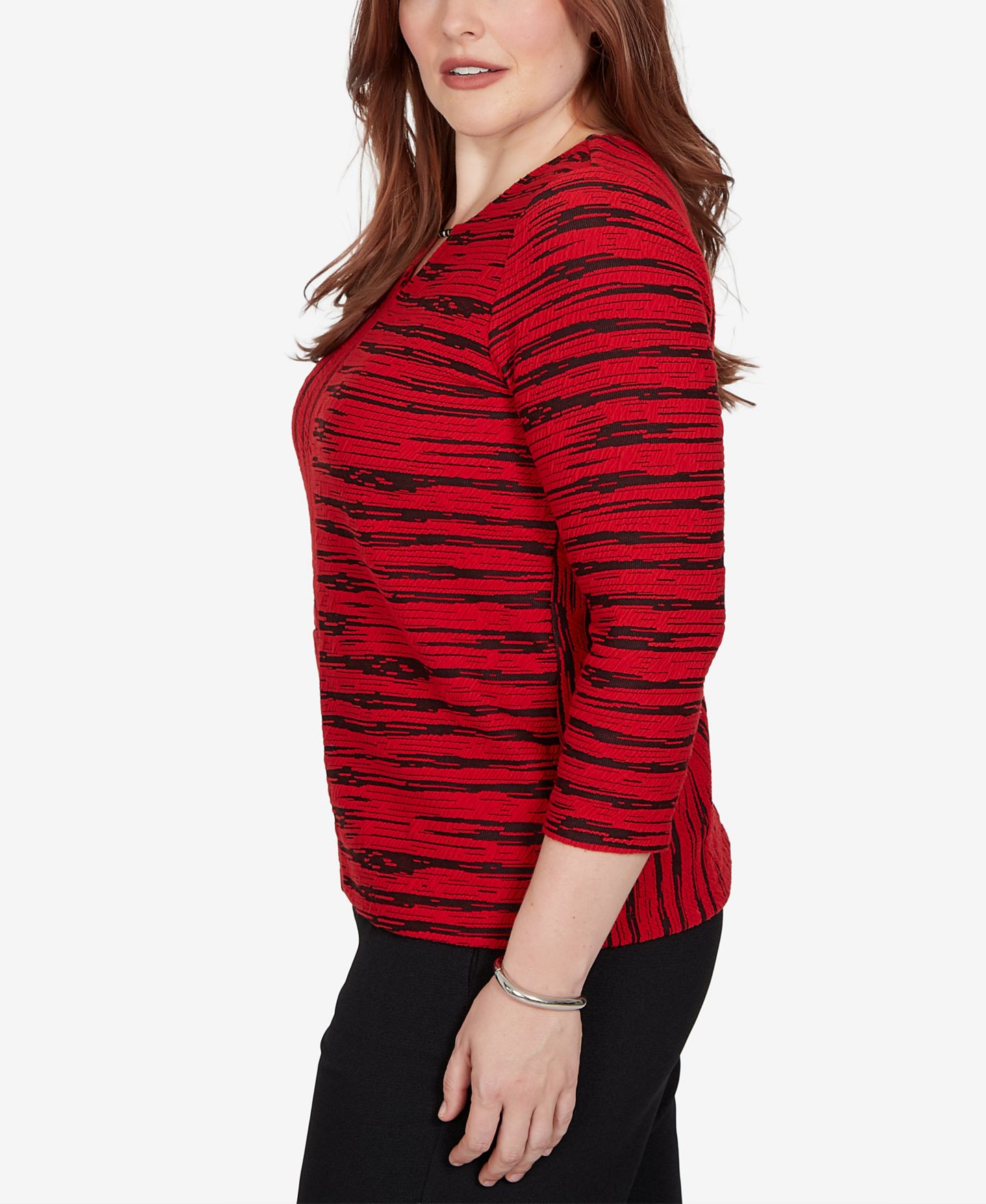 Женская блузка Alfred Dunner Striped V-Neck 3/4-Sleeve, цвет: Красный — фото 4