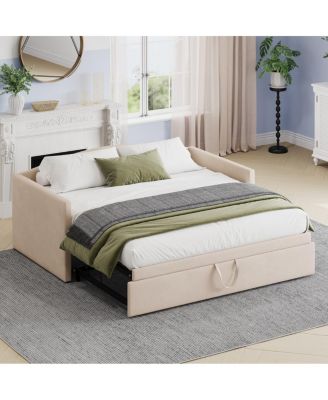 Upholstered Twin Daybed with Pop-Up Trundle, Space-Saving Velvet Sofa Bed