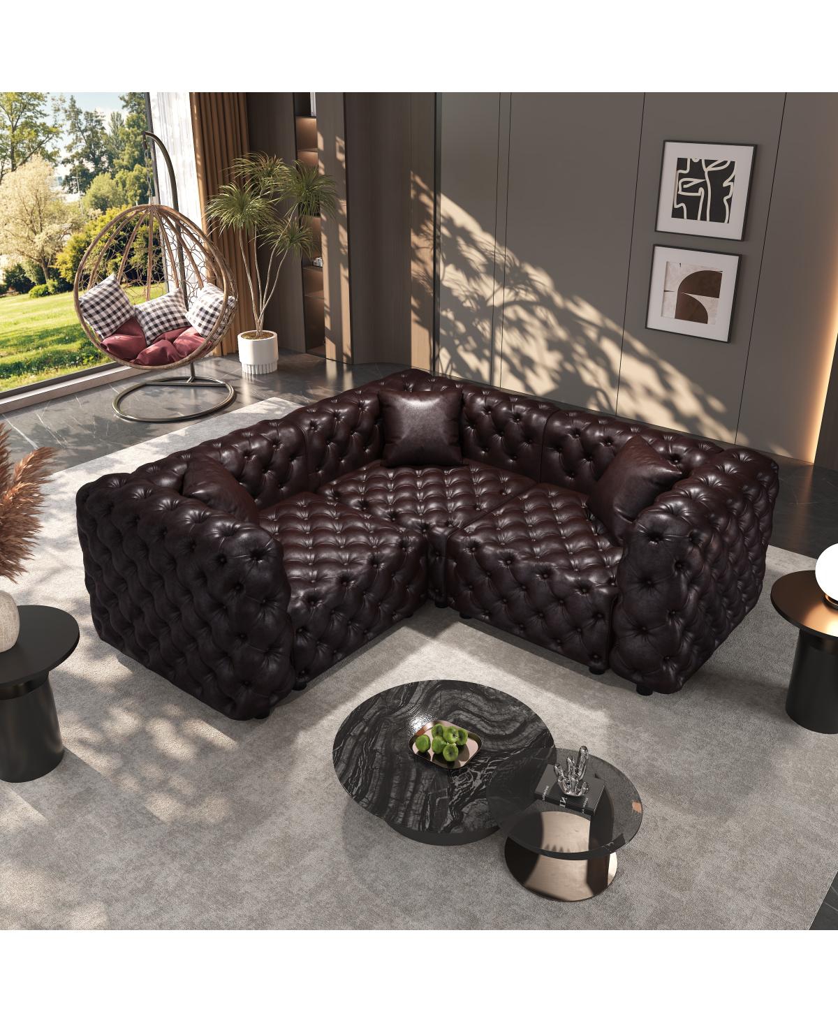 Streamdale Furniture L-Shaped Tufted Faux Leather Sectional Sofa with 3 Pillows