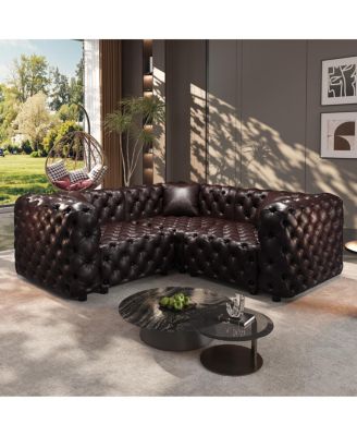 L-Shaped Tufted Faux Leather Sectional Sofa with 3 Pillows